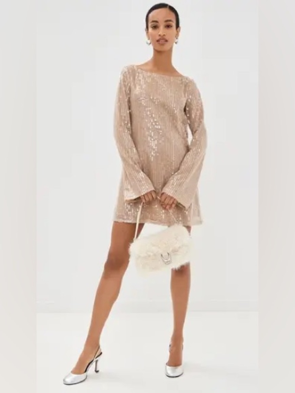 Reformation sereia  champagne Sequin mini dress long sleeve large